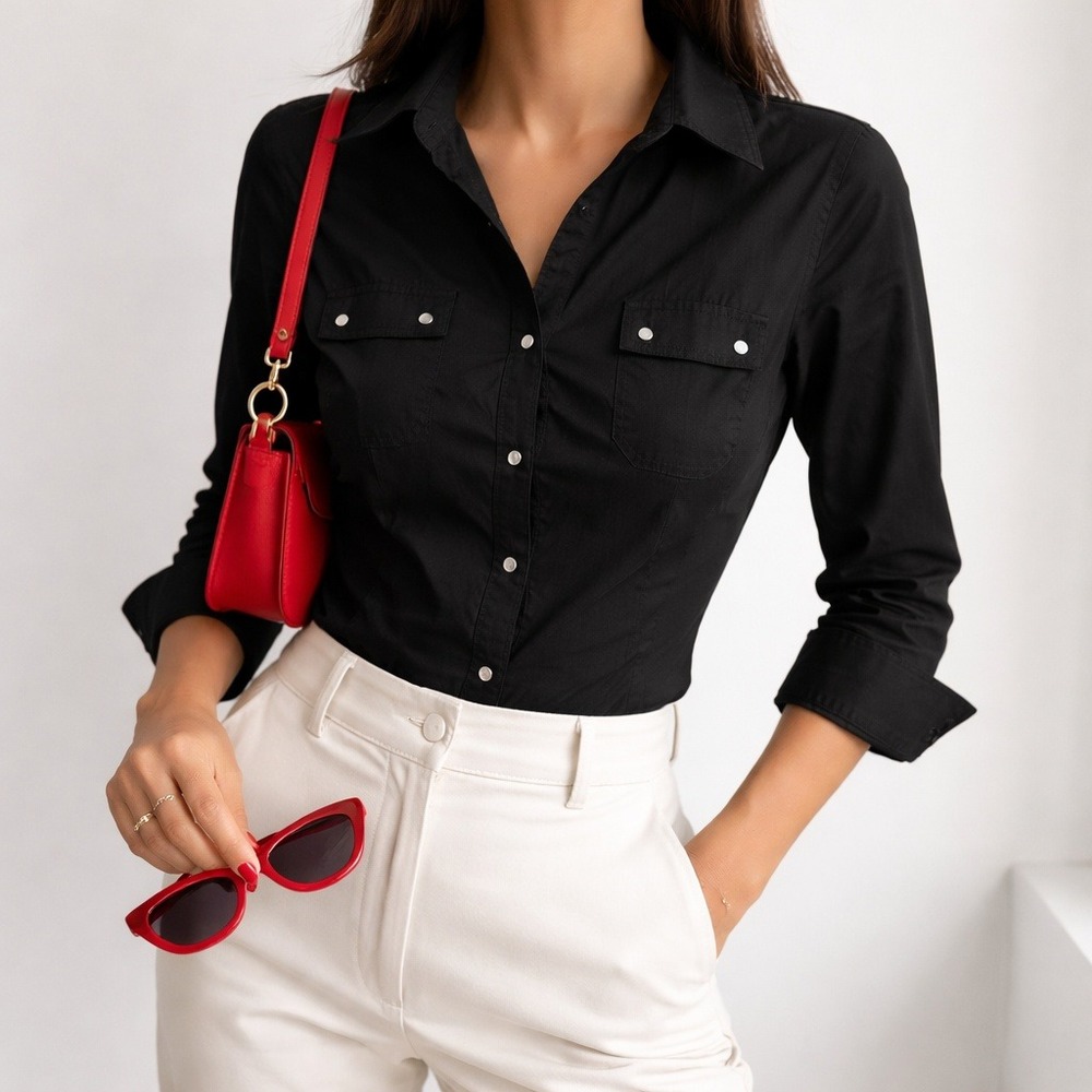 Chic Black M Shirt Cotton Elevated Basic Minimali… - image 1